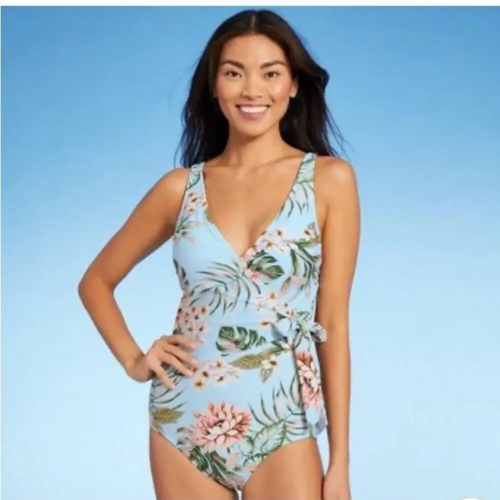 NWOT - Women's Wrap-Front High Coverage One Piece Kona Sol Tropical Print